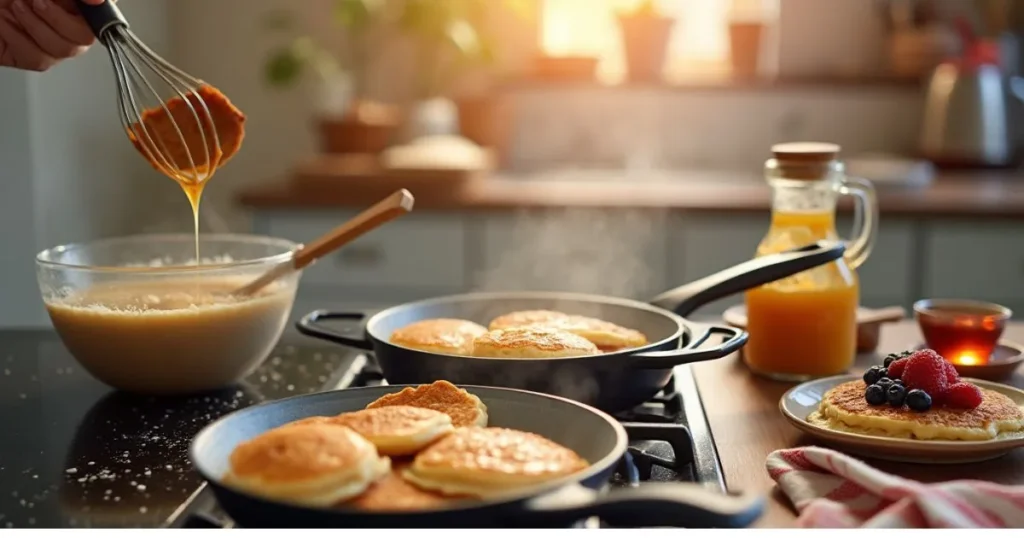 A step-by-step cooking scene showing a mixing bowl with pancake batter, a whisk resting beside it, and a skillet on a stovetop with golden pancakes cooking. Fresh berries and a drizzle of syrup top a finished pancake on a nearby plate