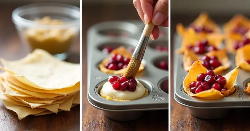 Step-by-step process of making cranberry cups with phyllo dough and goat cheese, including layering phyllo dough and adding cranberries