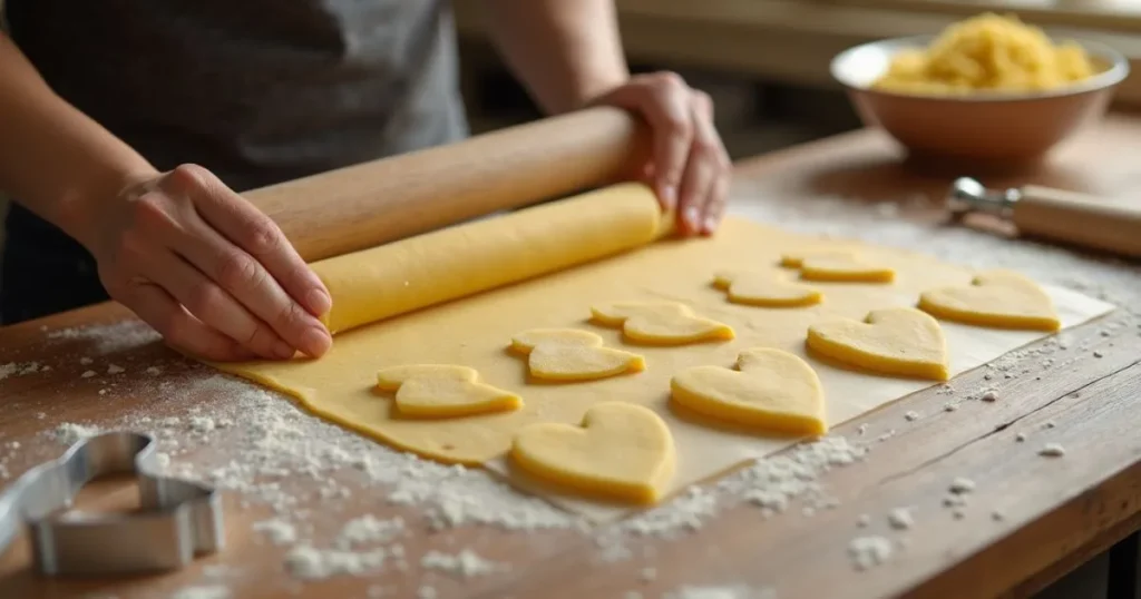 Step-by-step process of making heart-shaped pasta from dough on a wooden table.