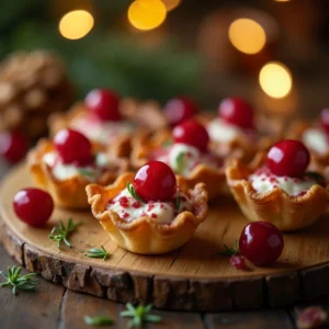 A plate of cranberry cups with phyllo dough and goat cheese, beautifully garnished for Thanksgiving