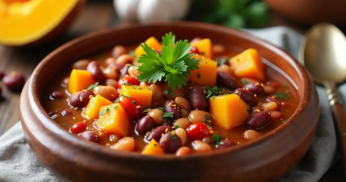 A bowl of recipe squash and kidney beans stew garnished with fresh parsley and chili flakes, served with a rustic wooden spoon.