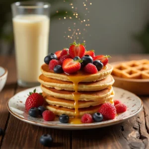 A cozy breakfast table setting featuring a stack of fluffy pancakes topped with fresh berries, a drizzle of maple syrup, and a dusting of powdered sugar. A steaming cup of coffee and a bowl of assorted fruits complete the scene, set on a rustic wooden table with soft natural lighting.