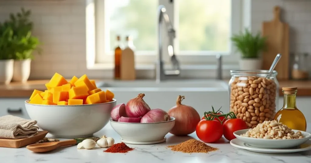 A selection of fresh ingredients for squash and kidney beans, including butternut squash, kidney beans, garlic, onion, tomatoes, and spices.