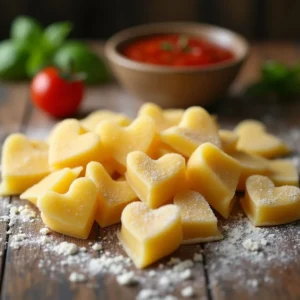 Plate of heart-shaped pasta served with basil and olive oil, designed to spark joy and love.