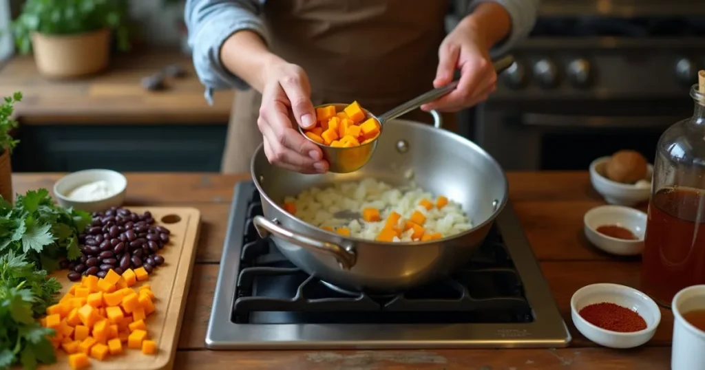 Chef stirring squash and kidney beans stew in a pot on the stove with fresh ingredients in the background.