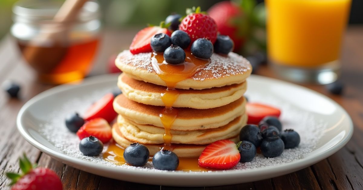 A stack of fluffy mini pancakes drizzled with maple syrup, topped with fresh blueberries and a dusting of powdered sugar, served on a white plate with a glass of orange juice in the background.