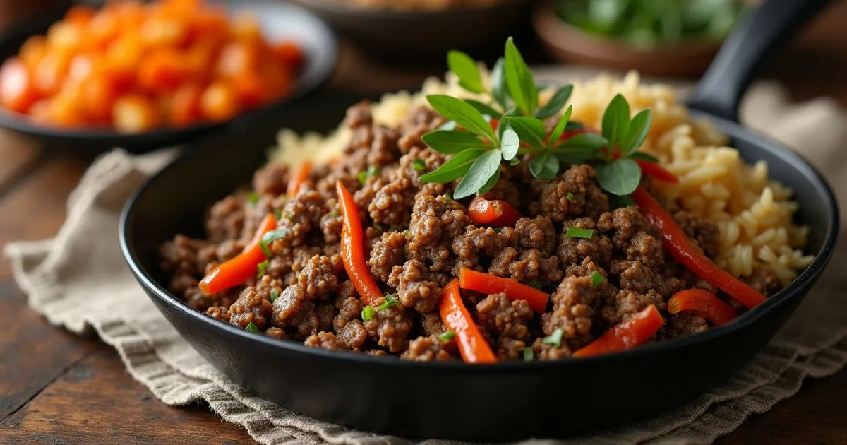 Ground venison recipes cooking in a skillet with fresh vegetables and herbs