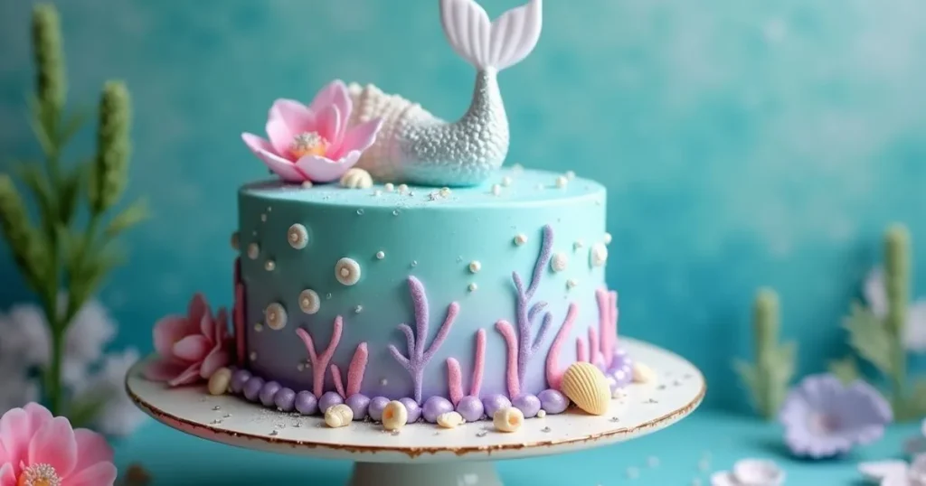 Beautiful mermaid cake decorated with pastel buttercream in ocean colors, fondant mermaid tail, and edible pearls