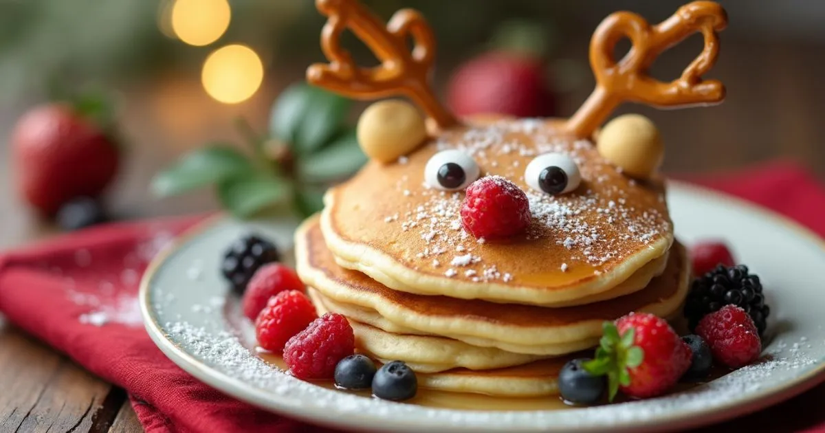 Festive reindeer pancakes decorated with chocolate chip eyes, strawberry nose, and pretzel stick antlers, perfect for a holiday breakfast.