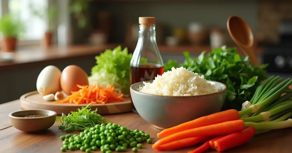 Ingredients for Anjappar Egg Fried Rice including rice, eggs, vegetables, soy sauce, and sesame oil laid out on a kitchen counter