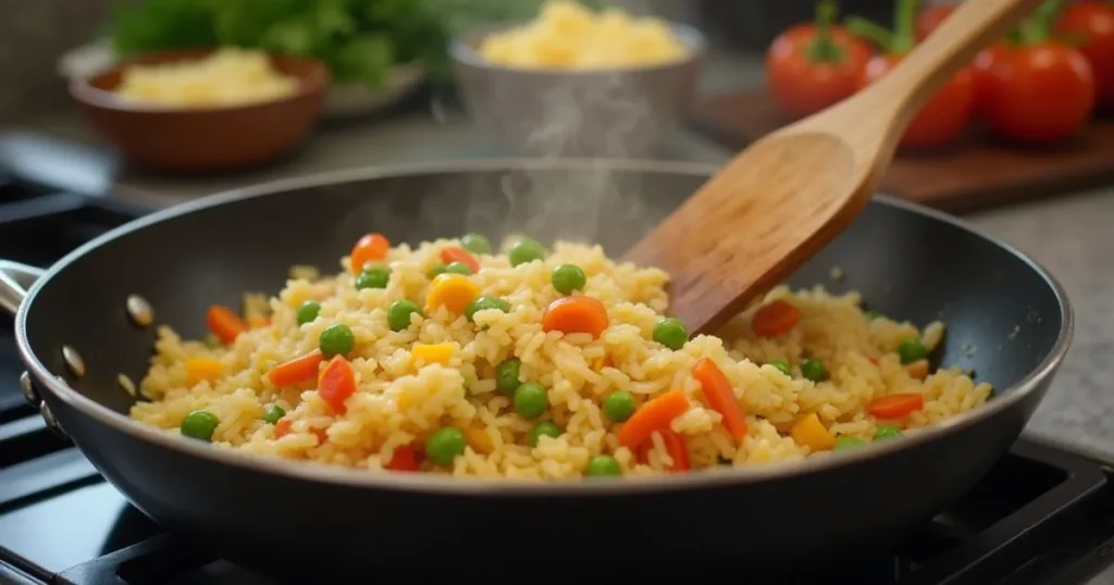 Cooking process for Anjappar Egg Fried Rice, sautéing vegetables and scrambled eggs in a wok with rice