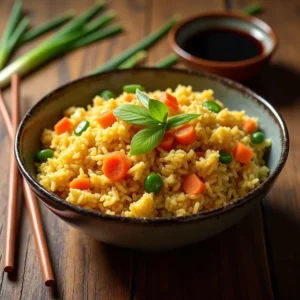 Authentic Anjappar Egg Fried Rice served in a bowl with scrambled eggs, vegetables, and garnished with green onions