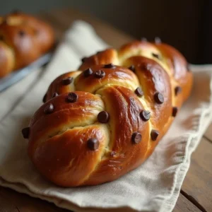 Braided chocolate chip brioche recipe made easy: soft, golden-brown brioche filled with melted chocolate chips