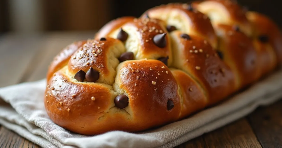 Freshly baked braided chocolate chip brioche recipe with golden-brown layers and gooey chocolate chips