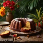 Caribbean festival rum cake with a glossy rum glaze, topped with dried fruits and nuts