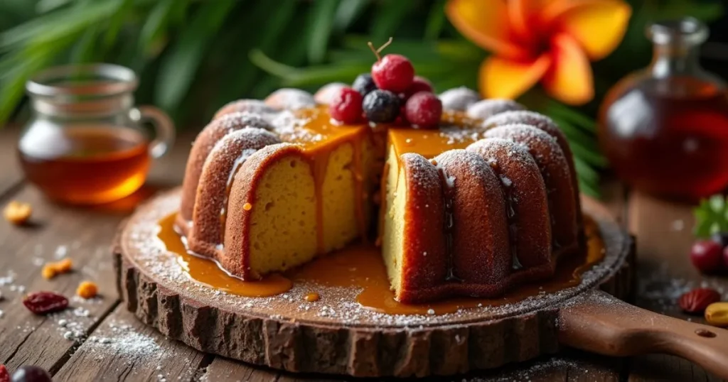 Caribbean festival rum cake recipe with a golden glaze, garnished with dried fruits and a hint of rum