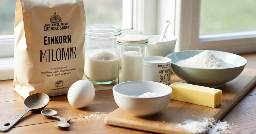 Ingredients for making English muffins with einkorn flour, including flour, baking powder, milk, butter, sugar, salt, and egg