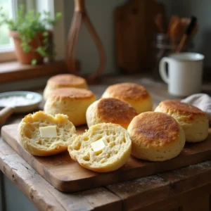 Easy English muffin recipe with einkorn flour – golden brown muffins fresh from the oven, fluffy and perfect every time