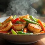 Fishcakes and scallops stir fry recipe with colorful vegetables and crispy fishcakes.