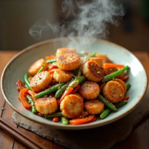 Delicious fishcakes and scallops stir fry served with vibrant vegetables on a plate.