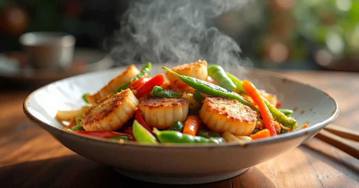 Fishcakes and scallops stir fry recipe with colorful vegetables and crispy fishcakes.