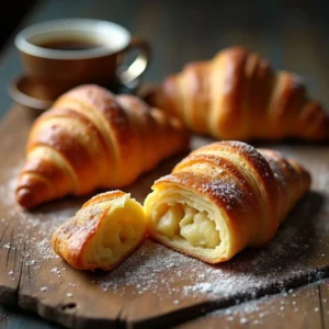 Golden, flaky Gipfeli croissants, freshly baked to perfection, showcasing their buttery layers and crisp texture.