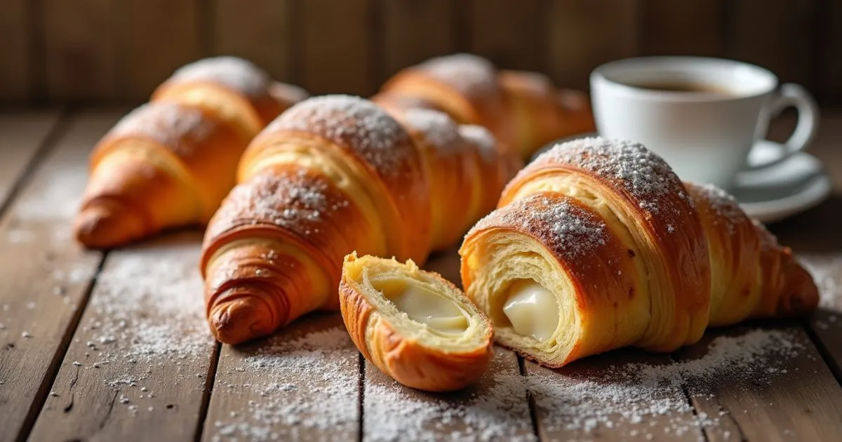 Freshly baked Gipfeli recipe croissants on a rustic wooden table, showcasing their golden-brown, flaky texture