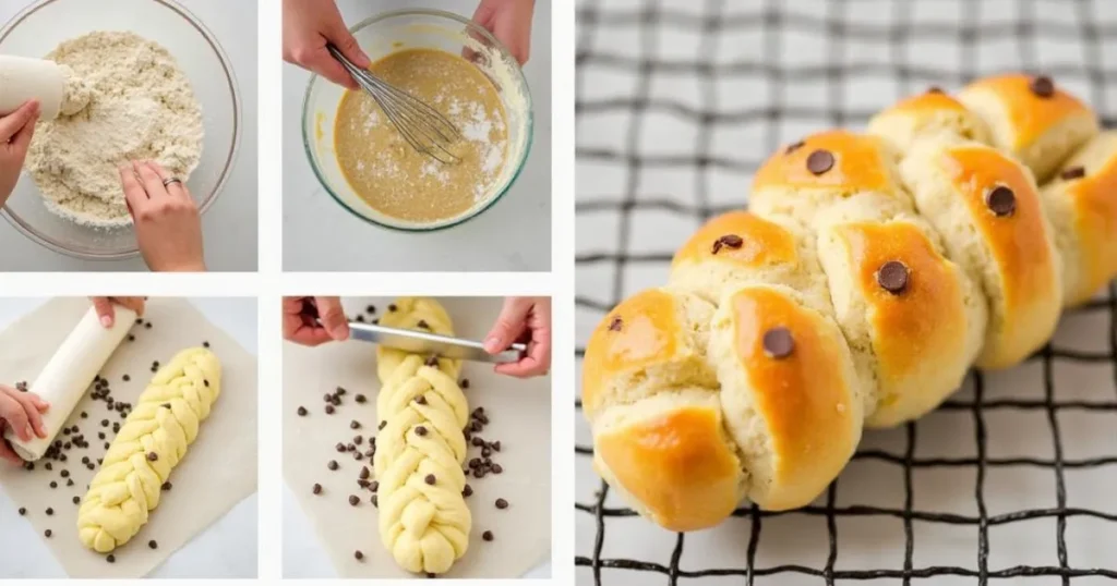 Step-by-step process of making braided chocolate chip brioche: mixing, rolling, braiding, and baking