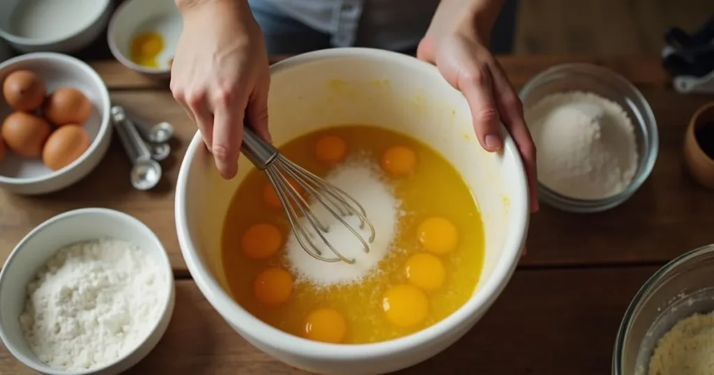 Step-by-step process of making Caribbean festival rum cake, mixing ingredients in a bowl