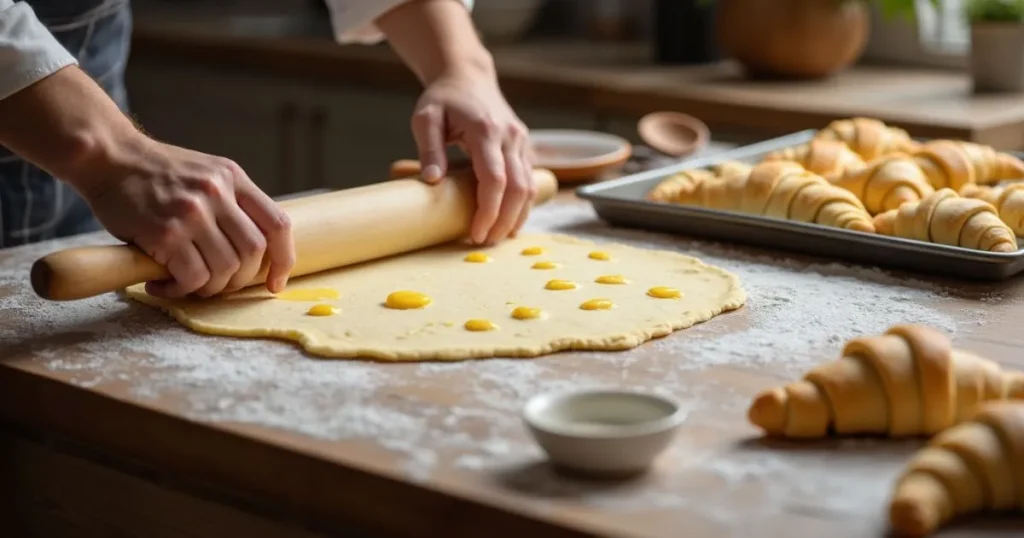 Step-by-step process of making Gipfeli recipe, showing dough being rolled and cut into triangles