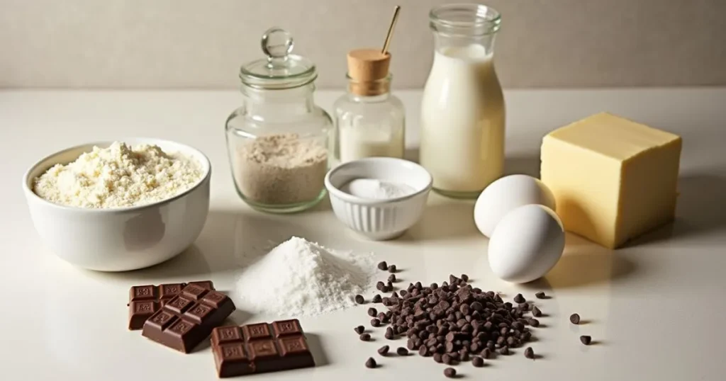 Ingredients for braided chocolate chip brioche recipe: flour, yeast, butter, chocolate chips, milk, eggs, and sugar