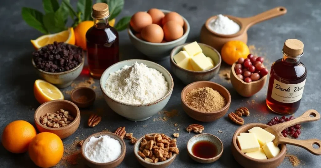 Ingredients for Caribbean festival rum cake including flour, dark rum, butter, eggs, dried fruits, and sugar