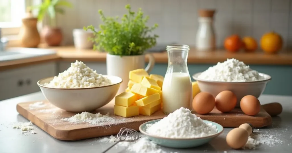 Ingredients for a Gipfeli recipe displayed on a countertop, including flour, butter, eggs, milk, sugar, and yeast