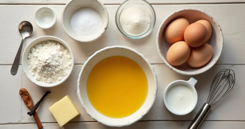 Ingredients for Madeleine cookies using cream: eggs, flour, butter, sugar, and heavy cream.