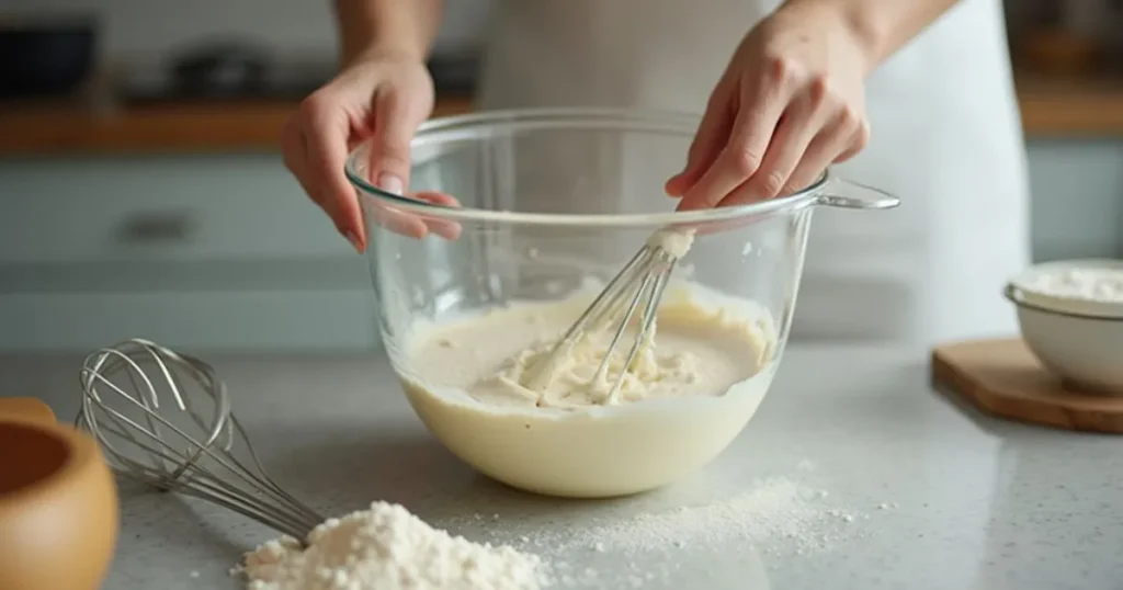 Step-by-step process of making Madeleine cookies with cream, showing batter being poured into a Madeleine pan