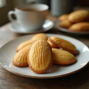 Delicious Madeleine cookies made with cream, freshly baked and placed on a plate