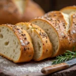 Freshly baked manna bread on a wooden cutting board, with golden crust and soft interior