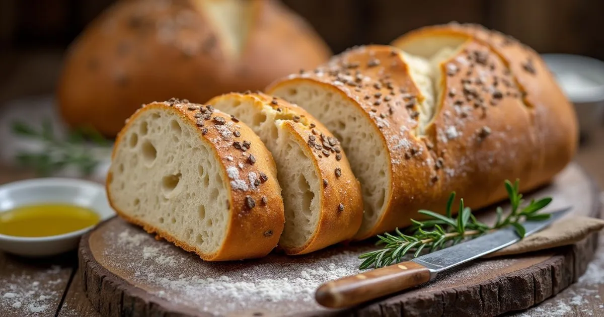 Freshly baked manna bread on a wooden cutting board, with golden crust and soft interior