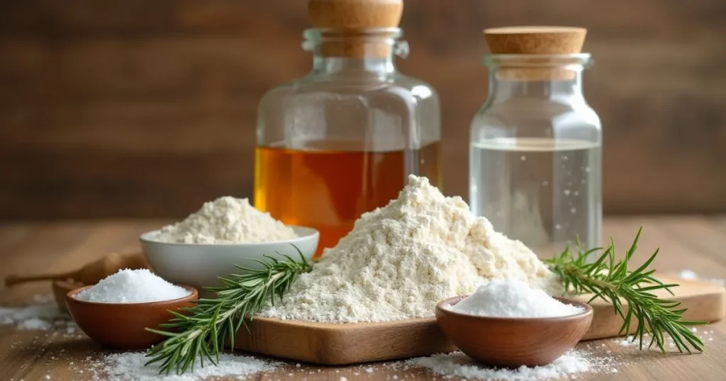 Various ingredients for manna bread, including whole wheat flour, yeast, honey, and water on a kitchen countertop