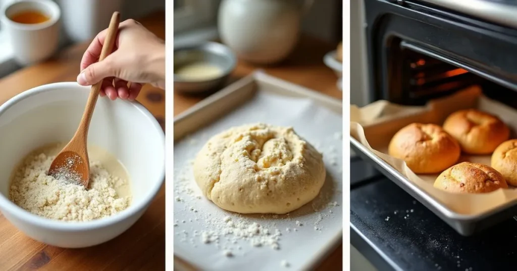 Step-by-step preparation of manna bread, including mixing ingredients, kneading dough, and letting it rise