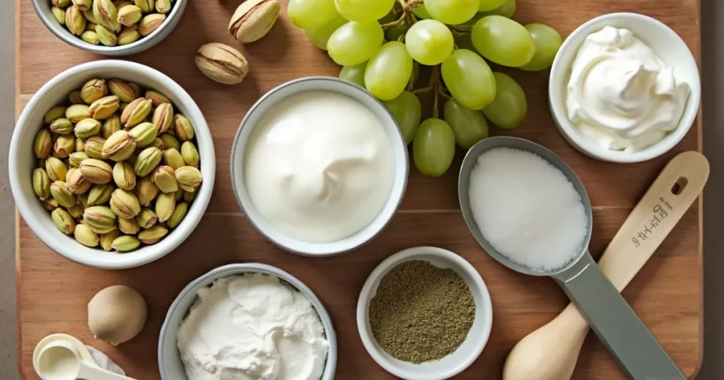 Ingredients for pistachio pudding recipe with grapes: pistachios, green grapes, heavy cream, milk, sugar, and pistachio pudding mix