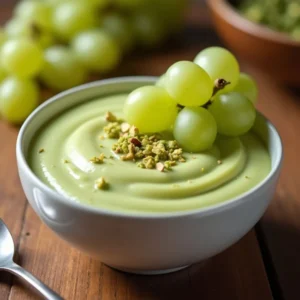 Perfect Pistachio Pudding Recipe with Grapes served in a glass bowl, garnished with fresh grapes and crushed pistachios for a creamy, nutty treat.