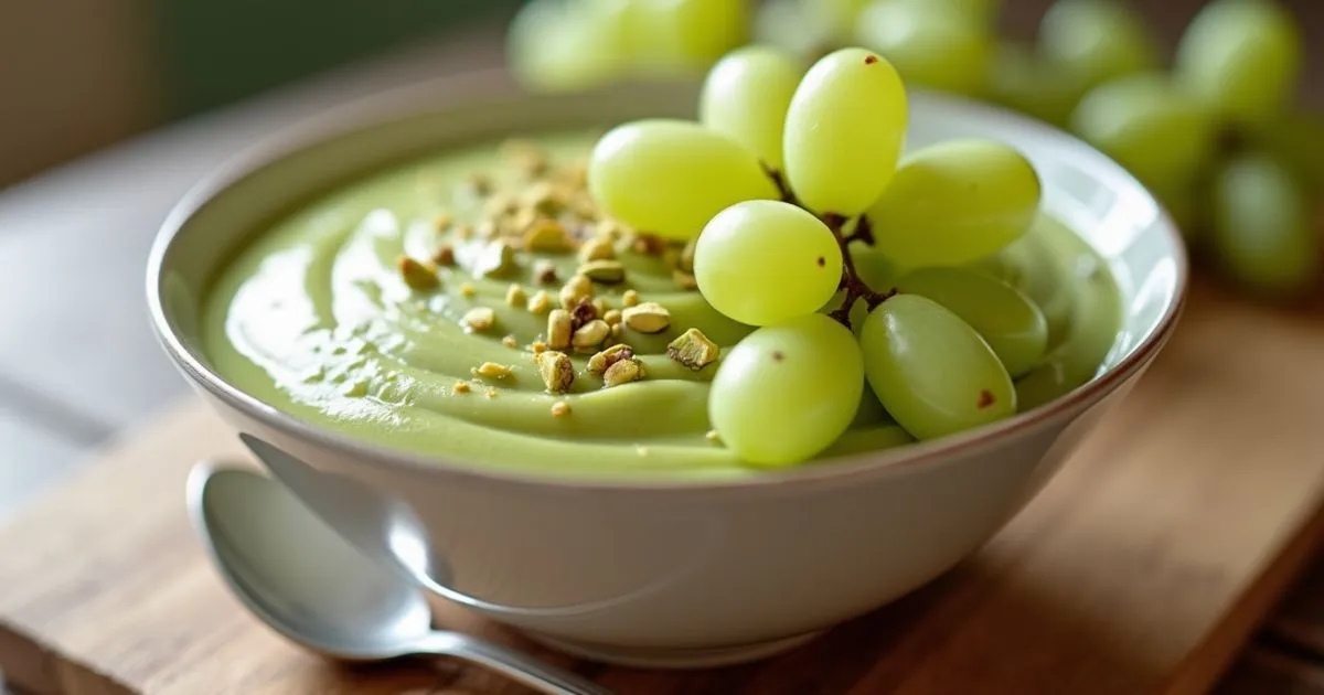 Pistachio Pudding Recipe with Grapes served in a glass bowl, topped with fresh green grapes and chopped pistachios for a creamy and nutty dessert.