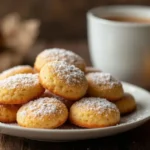 Freshly baked Ricciarelli honey Recipe cookies dusted with powdered sugar on a rustic wooden plate, highlighting their soft, chewy texture and golden-brown edges