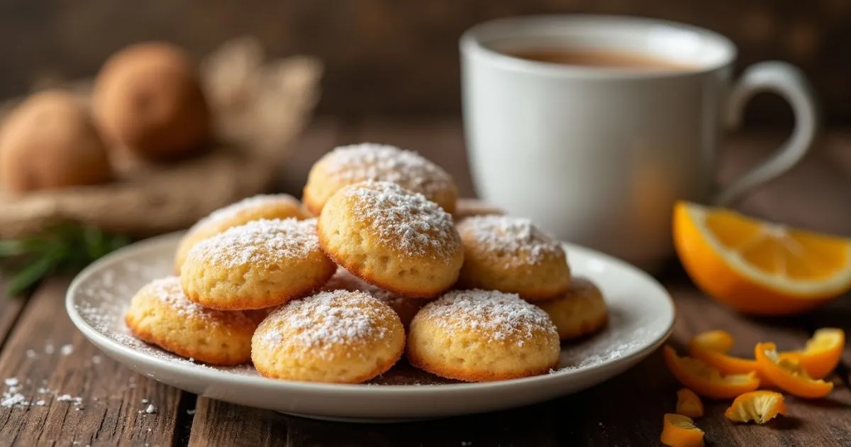 Freshly baked Ricciarelli honey Recipe cookies dusted with powdered sugar on a rustic wooden plate, highlighting their soft, chewy texture and golden-brown edges