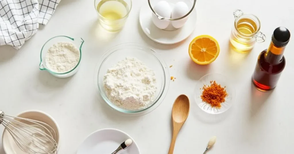 Ingredients for Ricciarelli Honey Recipe neatly arranged on a wooden countertop, including almond flour, powdered sugar, egg whites, honey, orange zest, and vanilla extract