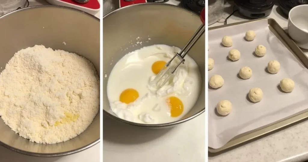 Step-by-step process of making Ricciarelli Honey Cookies, including mixing almond flour and sugar, whipping egg whites, folding in honey, and shaping the dough