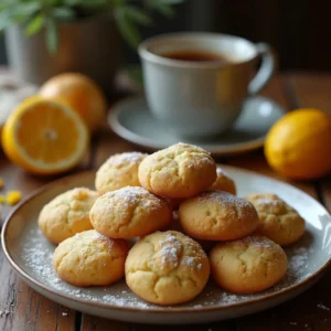 Freshly baked Ricciarelli Honey Cookies with a golden-brown crust and a dusting of powdered sugar, showcasing their soft and chewy texture