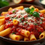 A plate of Rigatoni Alla Grassa recipe with creamy tomato sauce, grated Parmesan, and fresh basil, served on a rustic wooden table