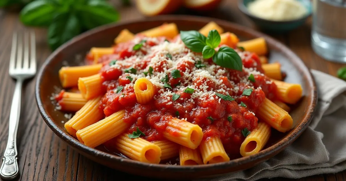 A plate of Rigatoni Alla Grassa recipe with creamy tomato sauce, grated Parmesan, and fresh basil, served on a rustic wooden table